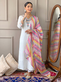 Thumbnail for Lyush Women's Off White Viscose Blend Embroidery Straight Kurta Pant With Dupatta