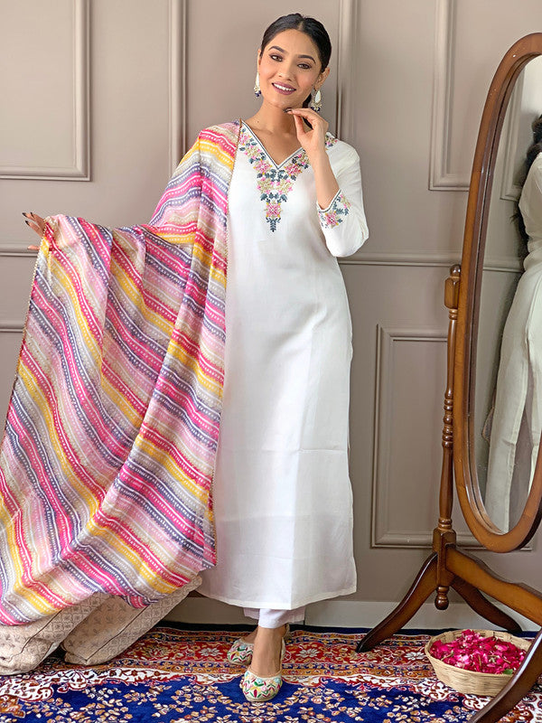 Lyush Women's Off White Viscose Blend Embroidery Straight Kurta Pant With Dupatta