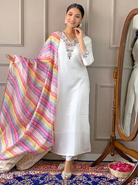 Thumbnail for Lyush Women's Off White Viscose Blend Embroidery Straight Kurta Pant With Dupatta