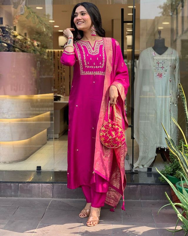 Lyush Women's Pink Viscose Chanderi Embroidery Straight Kurta Pant With Dupatta