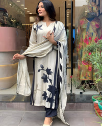 Thumbnail for Lyush Women's Cream Muslin Floral Print Straight Kurta Pant With Dupatta