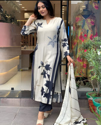 Thumbnail for Lyush Women's Cream Muslin Floral Print Straight Kurta Pant With Dupatta