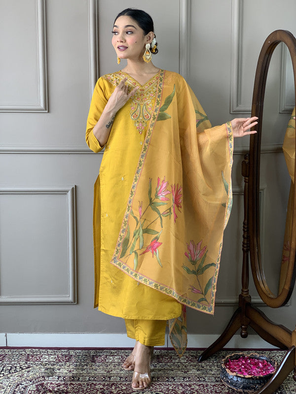 Lyush Women's Yellow Viscose Chanderi Embroidery Straight Kurta Pant With Dupatta