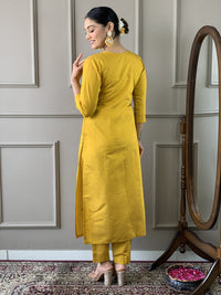 Thumbnail for Lyush Women's Yellow Viscose Chanderi Embroidery Straight Kurta Pant With Dupatta