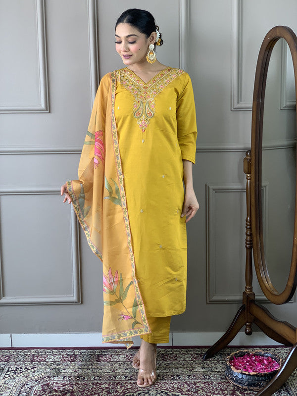 Lyush Women's Yellow Viscose Chanderi Embroidery Straight Kurta Pant With Dupatta