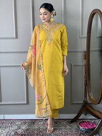 Thumbnail for Lyush Women's Yellow Viscose Chanderi Embroidery Straight Kurta Pant With Dupatta