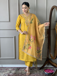 Thumbnail for Lyush Women's Yellow Viscose Chanderi Embroidery Straight Kurta Pant With Dupatta