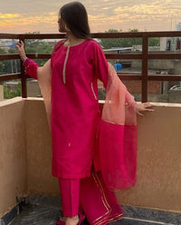 Thumbnail for Lyush Women's Pink Viscose Chanderi Embroidery Straight Kurta Pant With Dupatta