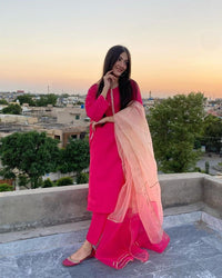 Thumbnail for Lyush Women's Pink Viscose Chanderi Embroidery Straight Kurta Pant With Dupatta