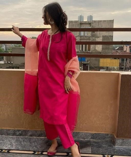 Lyush Women's Pink Viscose Chanderi Embroidery Straight Kurta Pant With Dupatta