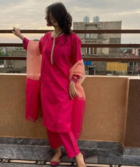 Thumbnail for Lyush Women's Pink Viscose Chanderi Embroidery Straight Kurta Pant With Dupatta