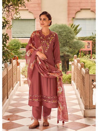 Thumbnail for Lyush Women's Gajri Muslin Embroidery Straight Kurta Pant With Dupatta