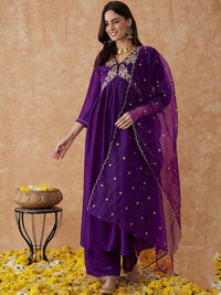 Thumbnail for Lyush Women's Wine Vichitra Silk Embroidery Straight Kurta Pant With Dupatta