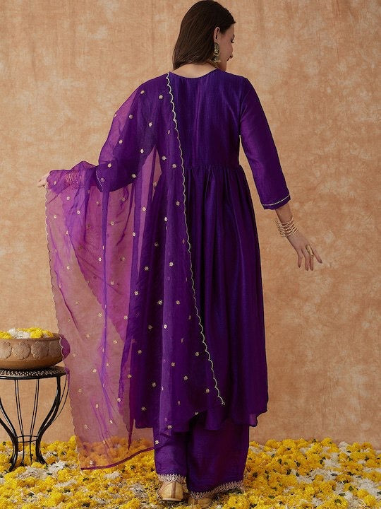 Lyush Women's Wine Vichitra Silk Embroidery Straight Kurta Pant With Dupatta