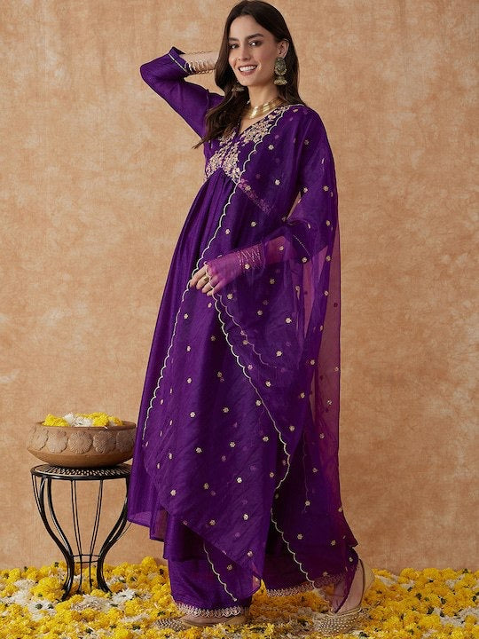 Lyush Women's Wine Vichitra Silk Embroidery Straight Kurta Pant With Dupatta