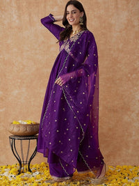 Thumbnail for Lyush Women's Wine Vichitra Silk Embroidery Straight Kurta Pant With Dupatta