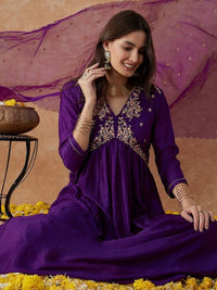 Thumbnail for Lyush Women's Wine Vichitra Silk Embroidery Straight Kurta Pant With Dupatta