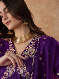 Thumbnail for Lyush Women's Wine Vichitra Silk Embroidery Straight Kurta Pant With Dupatta