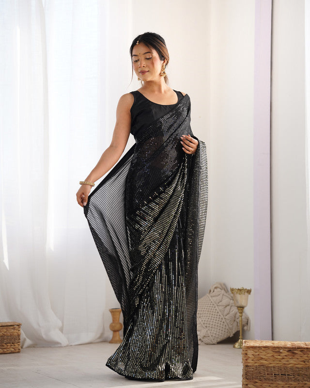 NOZ2TOZ Sequence Georgette Black Saree With Unstitched Blouse Piece - Distacart
