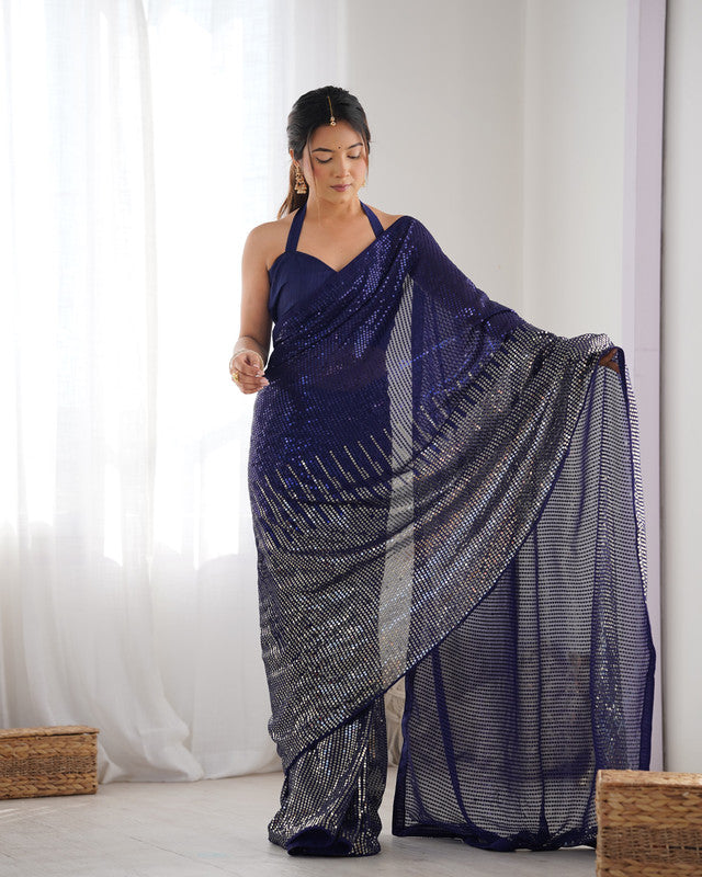 NOZ2TOZ Sequence Georgette Blue Saree With Unstitched Blouse Piece - Distacart