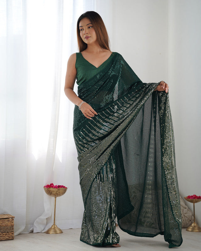 NOZ2TOZ Sequence Georgette Green Saree With Unstitched Blouse Piece - Distacart