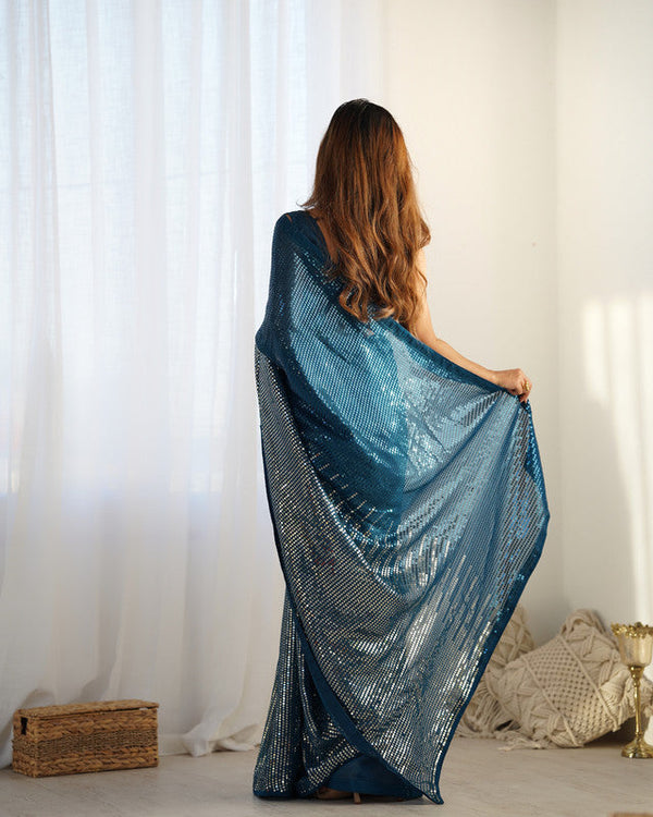 NOZ2TOZ Sequence Georgette Petrol Saree With Unstitched Blouse Piece - Distacart