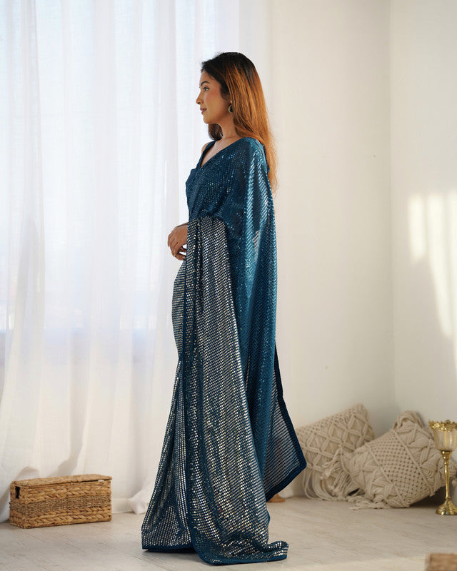 NOZ2TOZ Sequence Georgette Petrol Saree With Unstitched Blouse Piece - Distacart