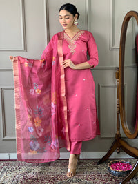 Thumbnail for Lyush Women's Gajri Viscose Chanderi Embroidery Straight Kurta Pant With Dupatta