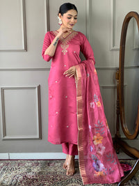 Thumbnail for Lyush Women's Gajri Viscose Chanderi Embroidery Straight Kurta Pant With Dupatta