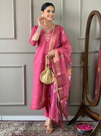 Thumbnail for Lyush Women's Gajri Viscose Chanderi Embroidery Straight Kurta Pant With Dupatta