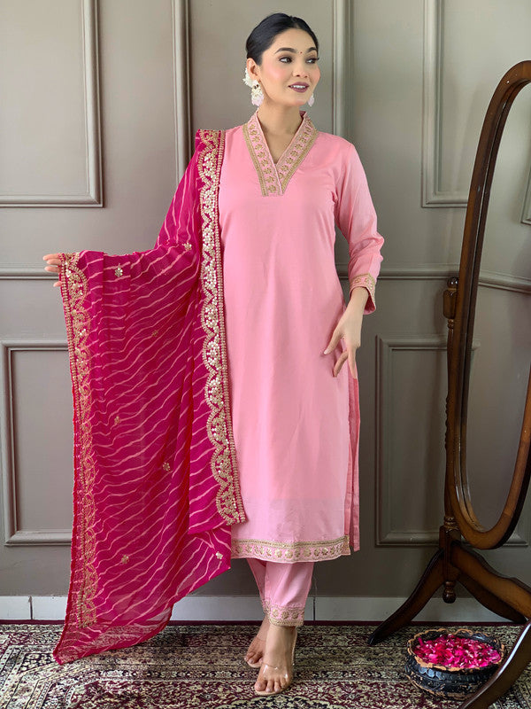 Lyush Women's Pink Viscose Silk Blend Embroidery Straight Kurta Pant With Dupatta