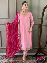 Thumbnail for Lyush Women's Pink Viscose Silk Blend Embroidery Straight Kurta Pant With Dupatta