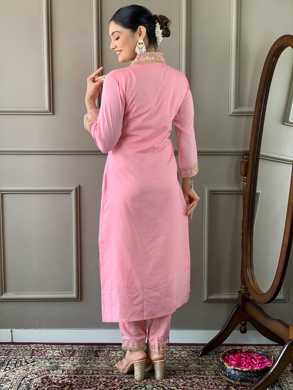 Lyush Women's Pink Viscose Silk Blend Embroidery Straight Kurta Pant With Dupatta