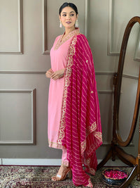 Thumbnail for Lyush Women's Pink Viscose Silk Blend Embroidery Straight Kurta Pant With Dupatta