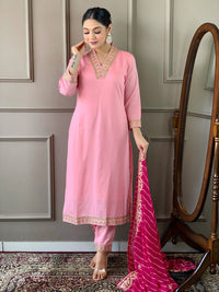 Thumbnail for Lyush Women's Pink Viscose Silk Blend Embroidery Straight Kurta Pant With Dupatta