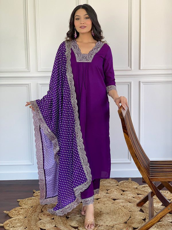 Lyush Women's Wine Viscose Embroidery Flared Kurta Pant With Dupatta