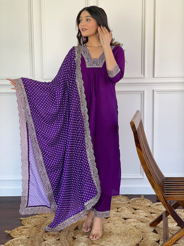 Lyush Women's Wine Viscose Embroidery Flared Kurta Pant With Dupatta