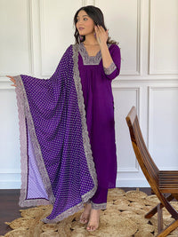Thumbnail for Lyush Women's Wine Viscose Embroidery Flared Kurta Pant With Dupatta