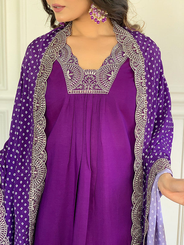 Lyush Women's Wine Viscose Embroidery Flared Kurta Pant With Dupatta