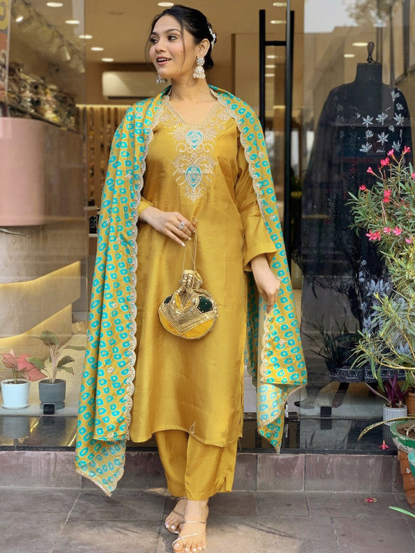 Lyush Women's Mustard Viscose Embroidery Straight Kurta Pant With Dupatta