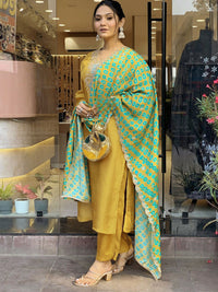 Thumbnail for Lyush Women's Mustard Viscose Embroidery Straight Kurta Pant With Dupatta