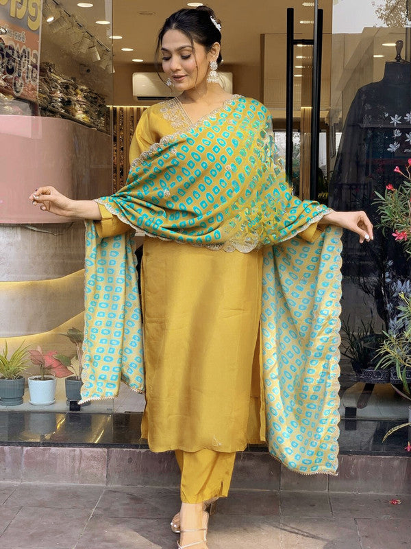 Lyush Women's Mustard Viscose Embroidery Straight Kurta Pant With Dupatta
