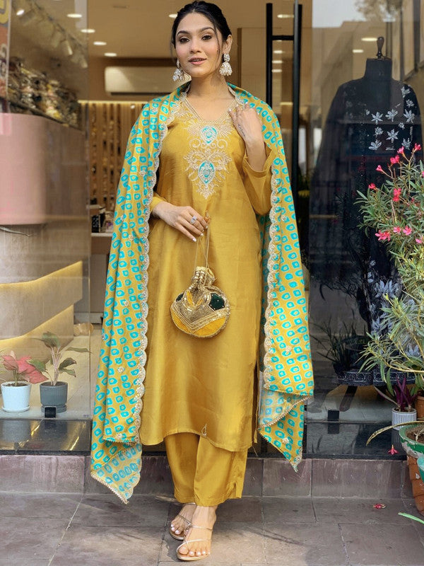 Lyush Women's Mustard Viscose Embroidery Straight Kurta Pant With Dupatta