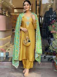 Thumbnail for Lyush Women's Mustard Viscose Embroidery Straight Kurta Pant With Dupatta
