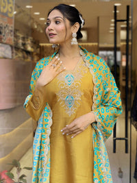 Thumbnail for Lyush Women's Mustard Viscose Embroidery Straight Kurta Pant With Dupatta