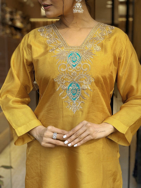 Lyush Women's Mustard Viscose Embroidery Straight Kurta Pant With Dupatta