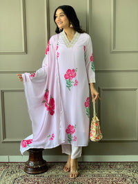 Thumbnail for Lyush Women's Lavender French Crepe Embroidery Straight Kurta Pant With Dupatta
