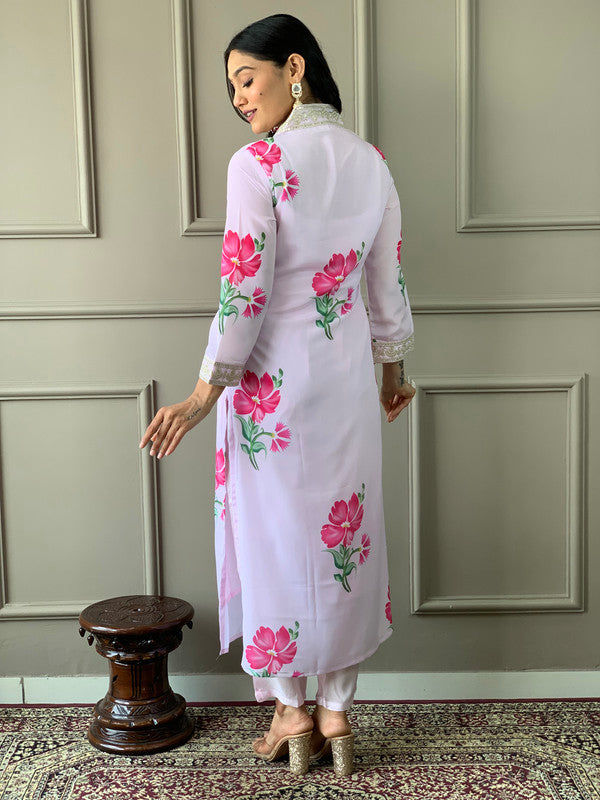Lyush Women's Lavender French Crepe Embroidery Straight Kurta Pant With Dupatta