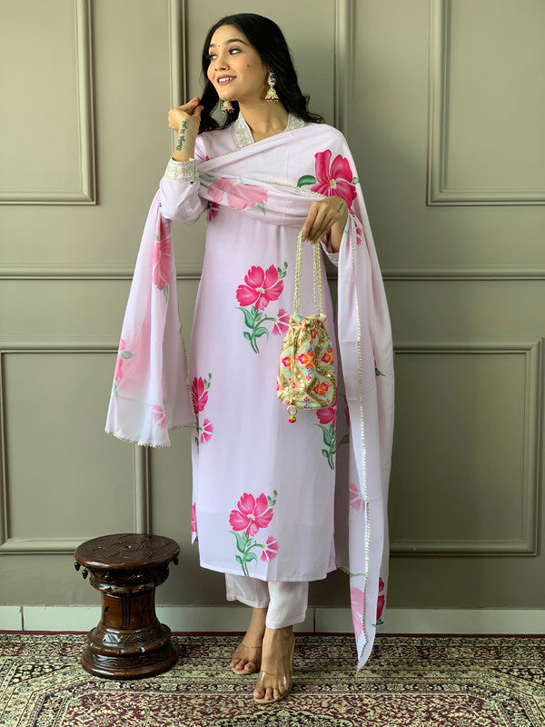 Lyush Women's Lavender French Crepe Embroidery Straight Kurta Pant With Dupatta