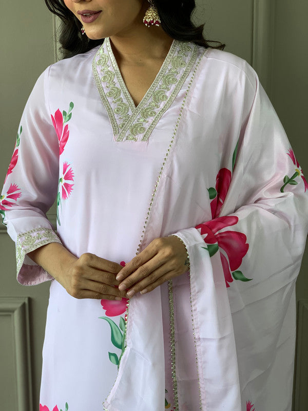 Lyush Women's Lavender French Crepe Embroidery Straight Kurta Pant With Dupatta